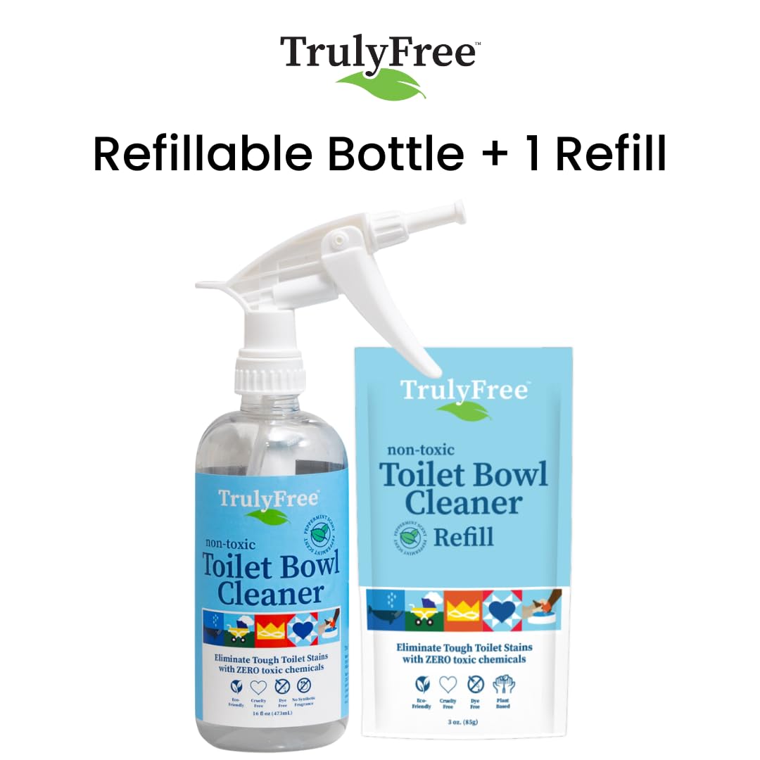 Truly Free Toilet Bowl Cleaner - Heavy-Duty Stain Remover - Septic Safe, Plant-Based Formula - Fresh Peppermint Scent - 16 oz Reusable Empty Bottle +