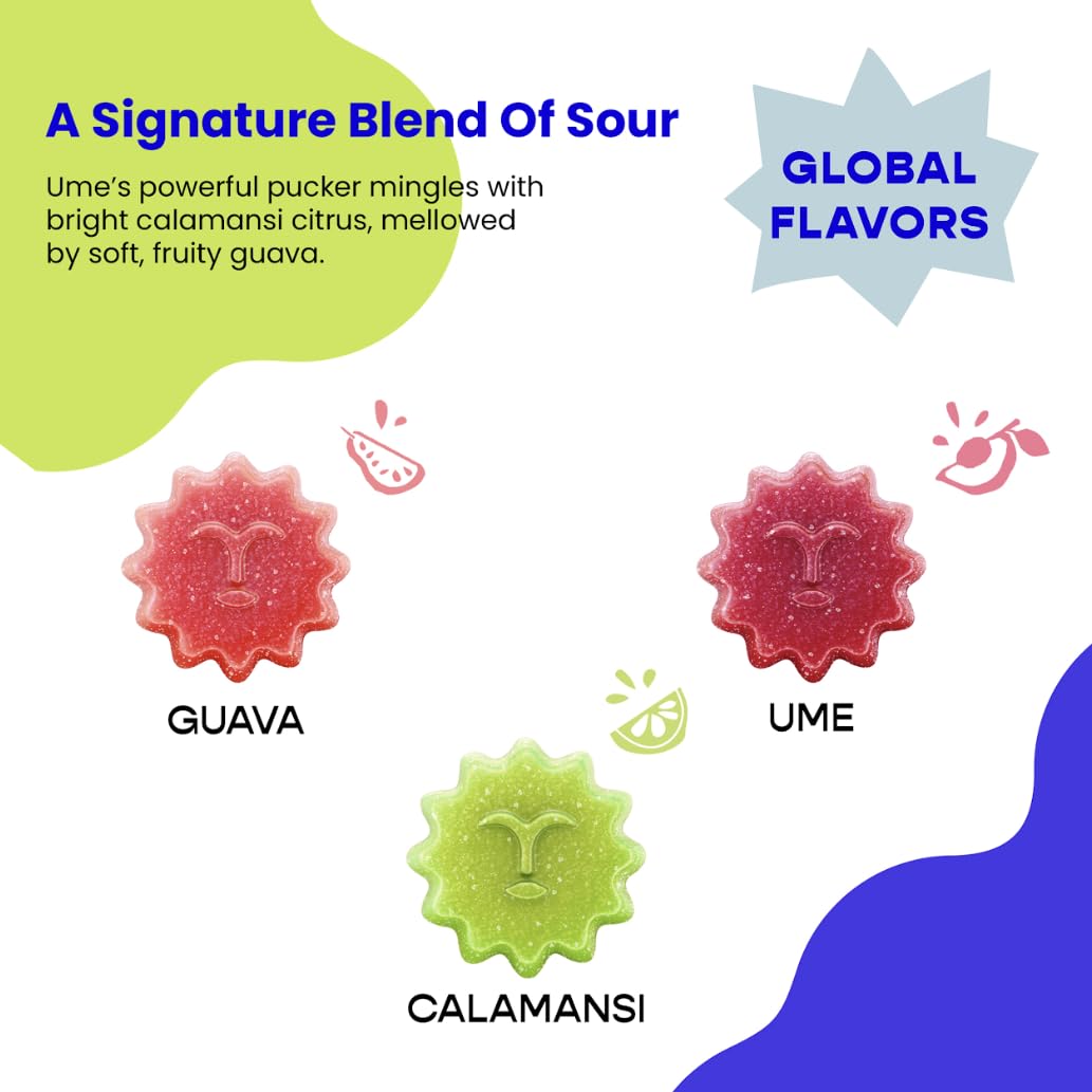 Better Sour Gummies - Guava, Calamansi, Ume - Naturally Flavored, Plant-Based, Low Sugar, Healthy Sour Gummy Candy - 3g sugar/60 cal per 1.8 oz Bag