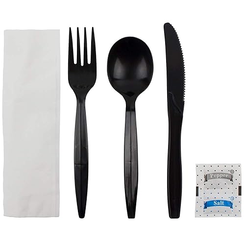Karat [250 ct] Medium Weight Wrapped Black Plastic Cutlery Pack (Fork/ Knife/ Spoon with Salt & Pepper, Napkin) U2202B