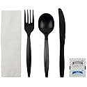 Karat [250 ct] Medium Weight Wrapped Black Plastic Cutlery Pack (Fork/ Knife/ Spoon with Salt & Pepper, Napkin) U2202B