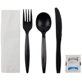 Karat [250 ct] Medium Weight Wrapped Black Plastic Cutlery Pack (Fork/ Knife/ Spoon with Salt & Pepper, Napkin) U2202B