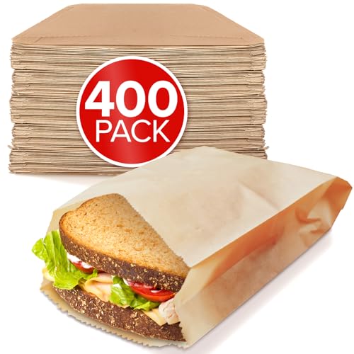 Kraft Brown Sandwich Bags (400 Pack) - Microwavable Unbleached Natural Kraft Paper Bags - Food Grade Grease Resistant Bags for Pastries, Cookies