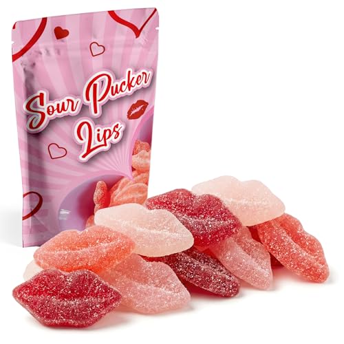 NY Spice Shop Sour Pucker Gummies - 8 Ounce Lip Shaped Gummies - Fruit Flavor Gummy For Office Candy Bowl Fillers And Movie Night - Pink And Red Chewy