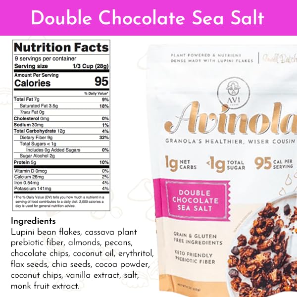 Double Chocolate Sea Salt Granola - 9oz, Grain-Free, Keto, Zero Sugar Added, zero oats - Superfood Snack with Rich Chocolate, Gluten-Free, made