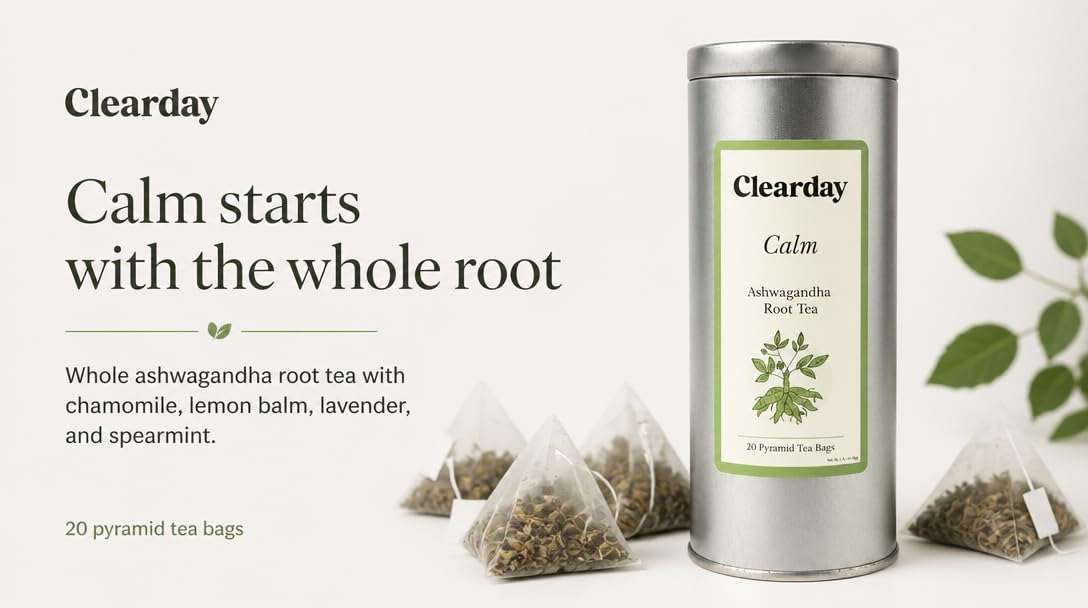 Clearday Calm Ashwagandha Tea with Chamomile, Lemon Balm & Spearmint | Herbal Stress Relief Tea for Daily Calm | 20 Pyramid Bags | Premium Tin
