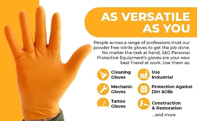 S&G Orange Nitrile Gloves | 100 Pcs | Medium | Disposable Latex-Free 8Mil Thick Heavy Duty Powder-Free for Mechanics, Industrial