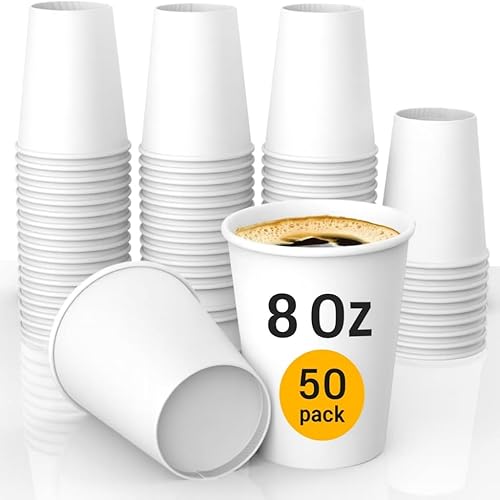 Lakesstory 50 Pack 8 oz Disposable Paper Cups - Small White Paper Cups for Hot & Cold Drinks, Water, Coffee, Tea, Mouthwash, Bathroom, Office, Party