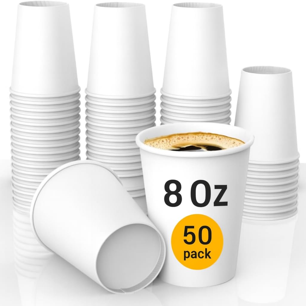 Lakesstory 50 Pack 8 oz Disposable Paper Cups - Small White Paper Cups for Hot & Cold Drinks, Water, Coffee, Tea, Mouthwash, Bathroom, Office, Party