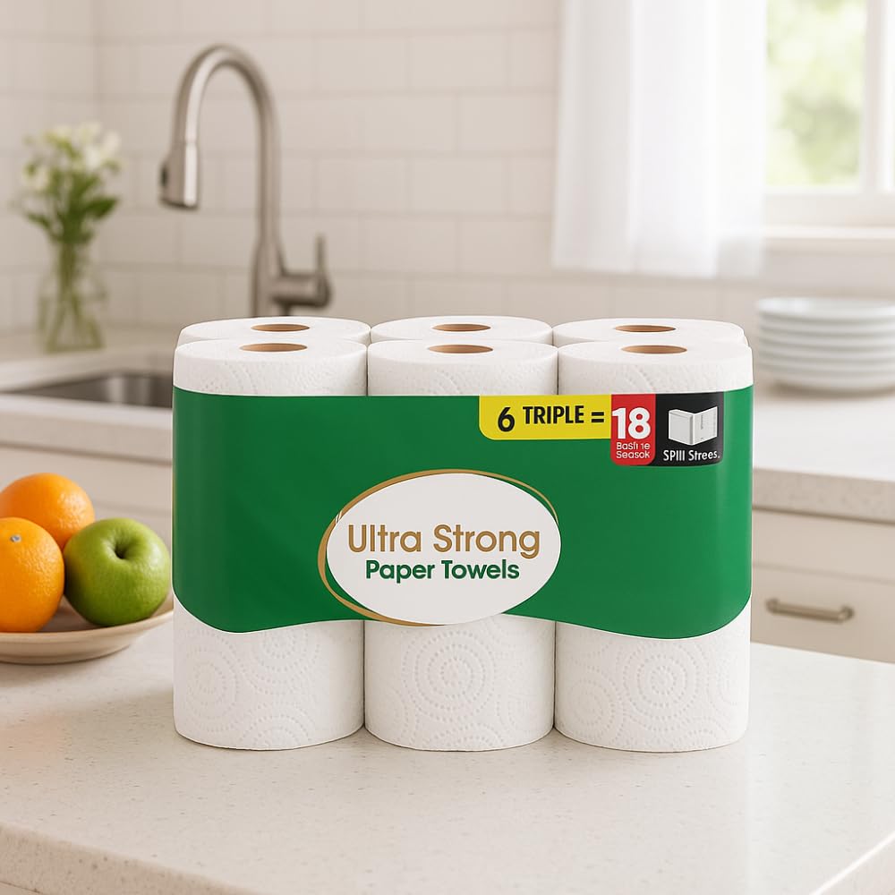 SKYREN Ultra Strong Paper Towels, 6 Triple Rolls (165 Sheets per Roll) - Durable, Absorbent, Multi-Purpose Paper Towels for Kitchen, Cleaning