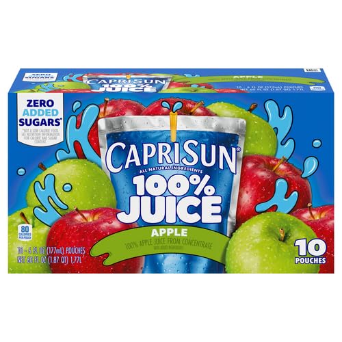Capri Sun 100% Juice from Concentrate Juice Boxes, 10 Pouches, for School Lunches and On-the-Go Hydration, Apple with Added Ingredients, All Natural