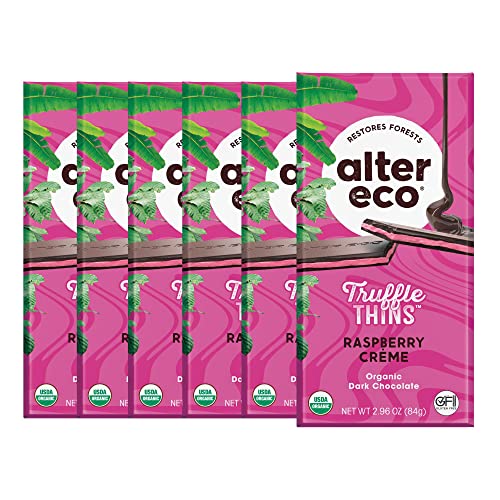 Alter Eco Raspberry Creme Truffle Thins, Chocolate Bar with Gooey Ganache Truffle Filling, Organic, Gluten & Soy-Free, Non-GMO Snacks, No Additives