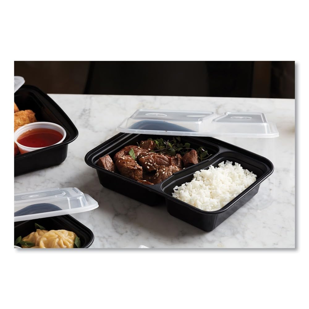 Pactiv Evergreen newspring versatainer microwavable containers, rectangular, 2-compartment, 30 oz, 6 x 8.5 x 2.5, black/clear, plastic, 150/ct