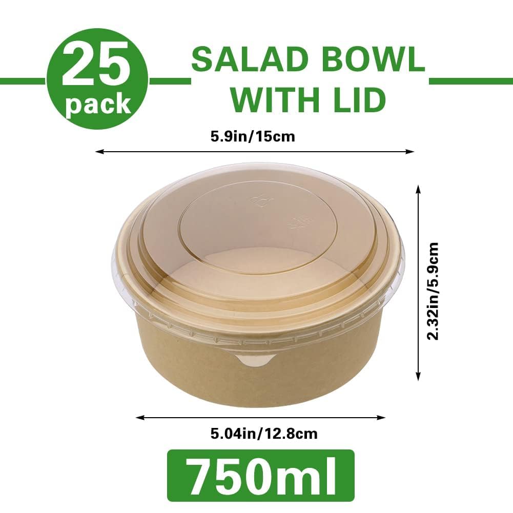 Giwrmu 25 oz 25 Pcs Disposable Meal Prep Containers with Lids, Disposable Paper Bowls with Clear Lids, 750 ML Round Shape Disposable Food Containers