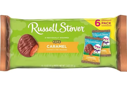 Russell Stover Chocolate Covered Caramel Eggs, 6 Individually Wrapped 1.3 Ounce Eggs, 7.8 Ounce Package