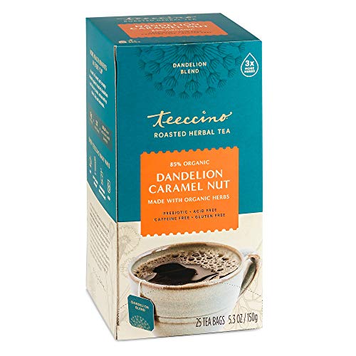 Teeccino Dandelion Caramel Nut Tea, 25 Tea Bags - Caffeine Free, Roasted Herbal Tea with Prebiotics, 3x More Herbs than Regular Tea Bags, Gluten Free