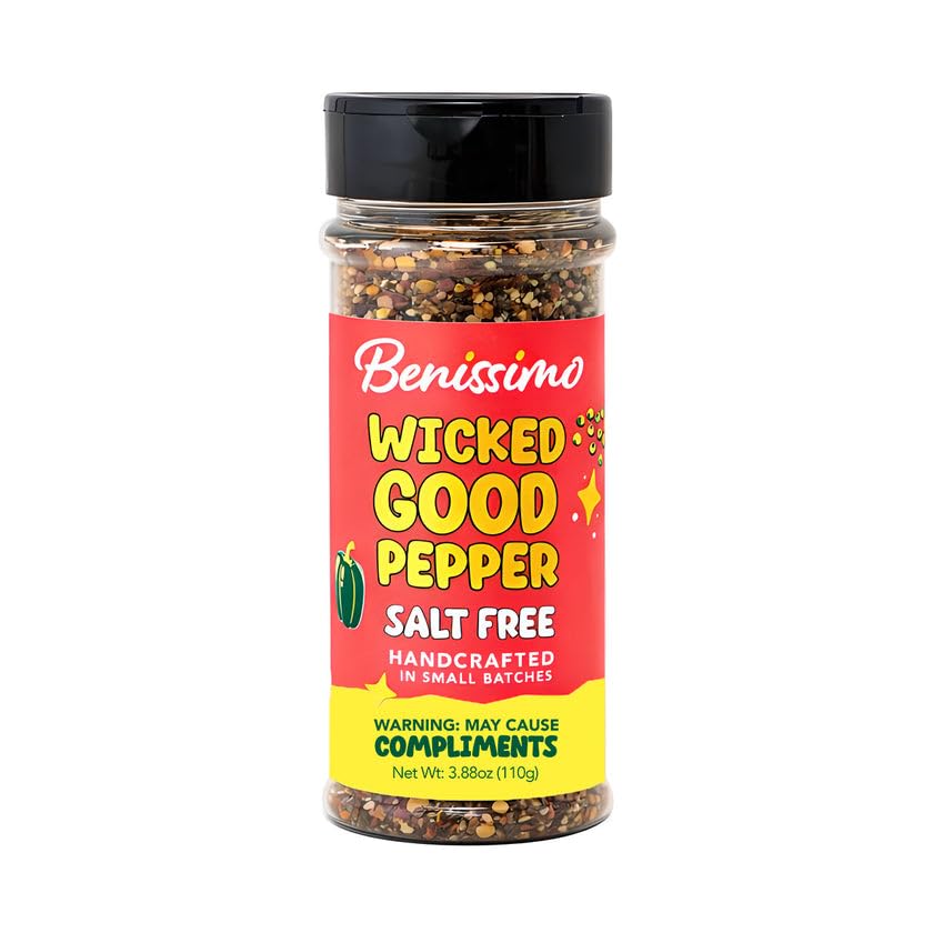 Benissimo Wicked Good Pepper Seasoning, Salt Free Flake & Granule Blend for Meats, Vegetables, Eggs, Pasta, Soups, Stews, Dry Rubs, Grilling & Table