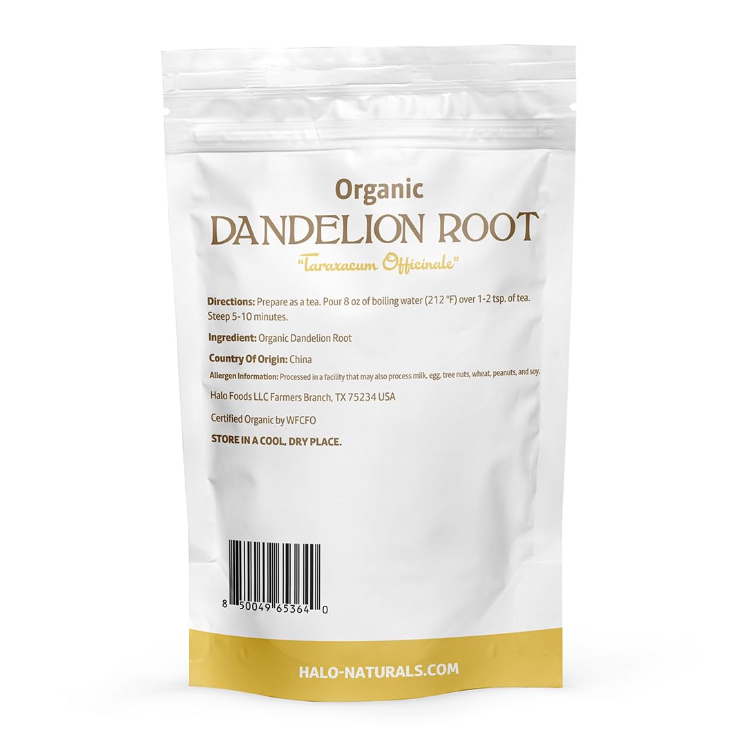 Halo Naturals Organic Dandelion Root Cut & Sifted, 4 Ounces (Taraxacum officinale) USDA Certified | Resealable Pouch| Packaged in The USA