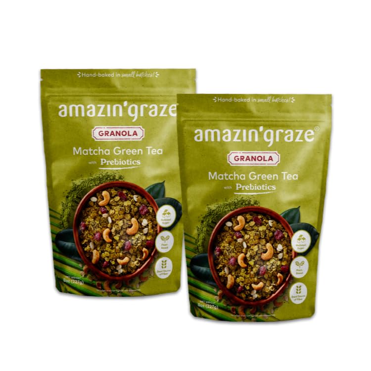 Matcha Green Tea Granola with Prebiotics | Natural, Hand-Baked, Reduced Sugar, Rich in Iron | for Breakfast Cereal, Trailmix, Yogurt, Snack Food |