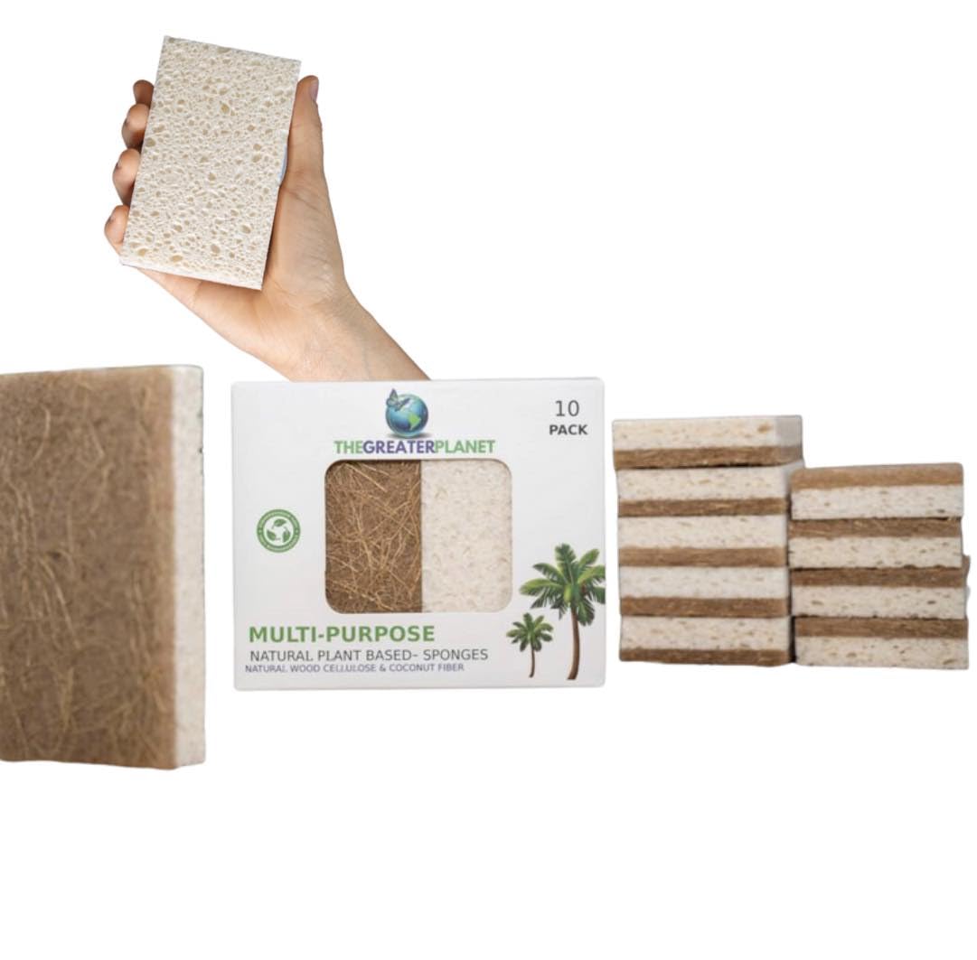 THE GREATER PLANET- Natural Kitchen Sponges, Eco Friendly Cleaning sponges-Multipurpose Wood Cellulose Scrub sponges-10 Pack Biodegradable Organic