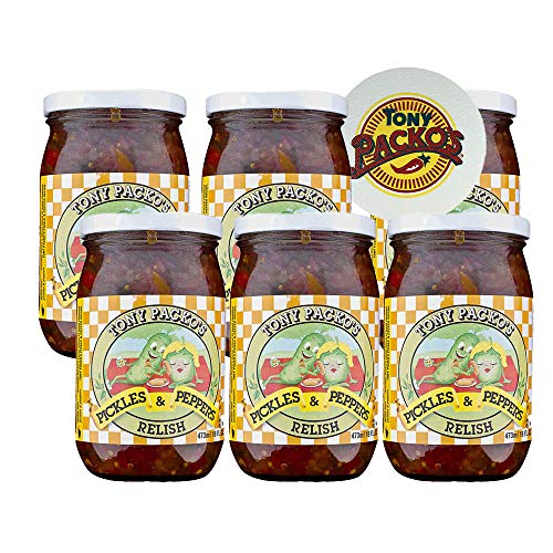 Tony Packo’s Pickles & Peppers Relish, 6 Jars (16 oz each) with Jar Opener, USA-Made Relish, Hot Dog Topping, Sandwich Spread, Toledo Ohio, With Pulp