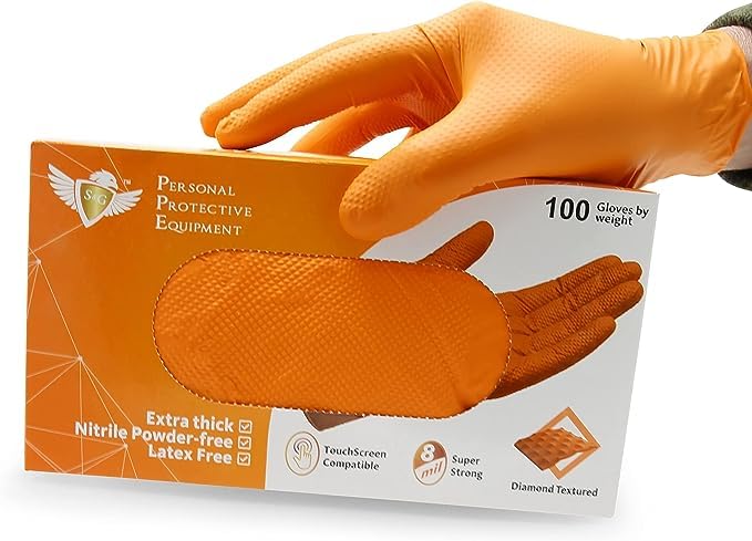 S&G Orange Nitrile Gloves | 100 Pcs | Medium | Disposable Latex-Free 8Mil Thick Heavy Duty Powder-Free for Mechanics, Industrial