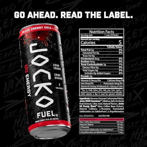 Jocko Fuel GO Energy Drinks, Black Cherry Cola - 95mg Caffeine with Added Adaptogens, Vitamin B12 & B6, & L Theanine for Mood & Focus Support, No