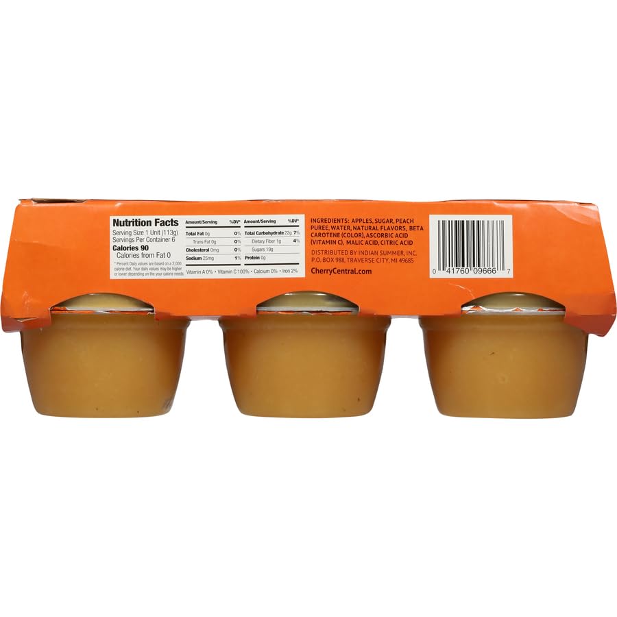 Indian Summer Single Serve Peach Apple Sauce, Individually Packed Applesauces, 6 Single Cups, 4 Ounces Each (Peach)