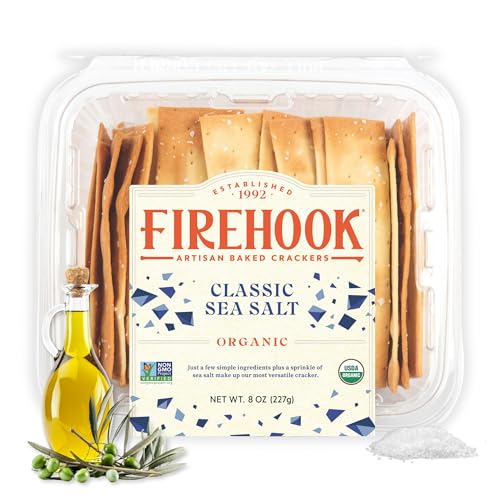 Firehook Sea Salt Crackers - Artisan Baked, Uniquely Crunchy, Baked with Simple Ingredients - Organic, Non-GMO, Kosher - 8 oz Box