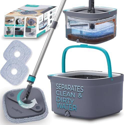 True & Tidy True Clean Spin Mop & Bucket System - Dual Compartment Design for Clean & Dirty Water, 360° Swivel Mop Head, Built-in Scrubbing Brush