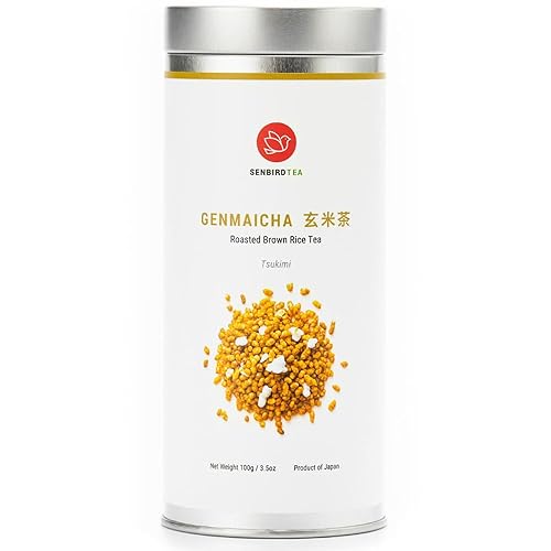 Senbird Premium Genmaicha - Caffeine-Free Japanese Mochi Rice Tea - From Hokkaido, Japan - Herbal Tea in Airtight Tin (3.5oz/100g)
