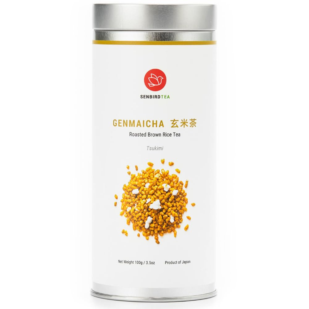 Senbird Premium Genmaicha - Caffeine-Free Japanese Mochi Rice Tea - From Hokkaido, Japan - Herbal Tea in Airtight Tin (3.5oz/100g)
