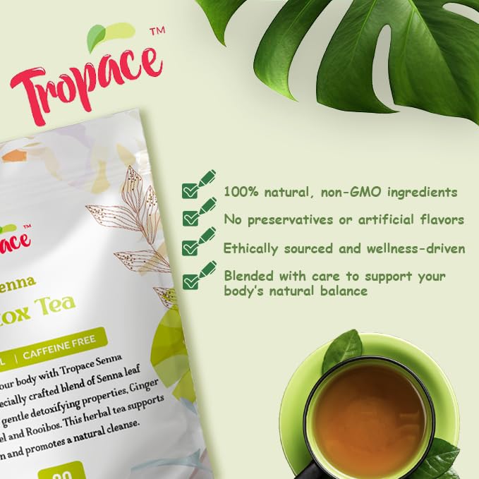 Tropace Senna Leaf Herbal Tea - Caffeine-Free, 20 Tea Bags Infused with Senna, Ginger, Rooibos & Lemon Peel - Rooted in Africa, Packed in USA, 1.8 oz