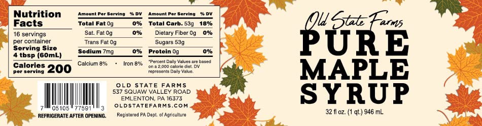 Old State Farms 32oz Pure Maple Syrup - Grade A Dark Robust - Sustainable Harvest - Organically Produced - All Natural