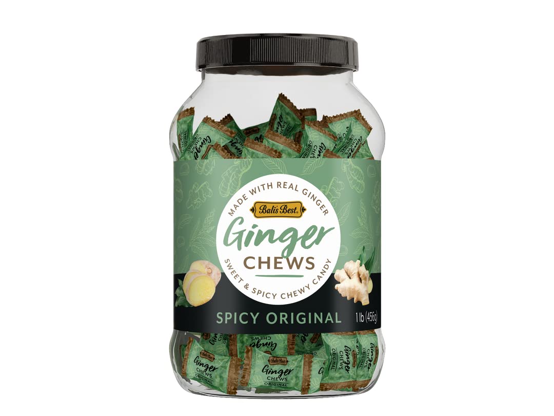 Bali's Best Ginger Chews, Spicy Original Flavor, 1 Pound Jar, Individually Wrapped Soft Candy, Made with 100% Real Ginger, Digestive Health Support
