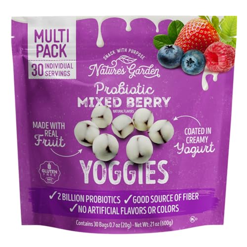 Nature's Garden Probiotic Mixed Berry Yoggies, 21oz (30 x 0.7oz) - Yogurt Covered Fruit Snack, High Fiber, Real Fruit Pieces, Fruit Snack Packs