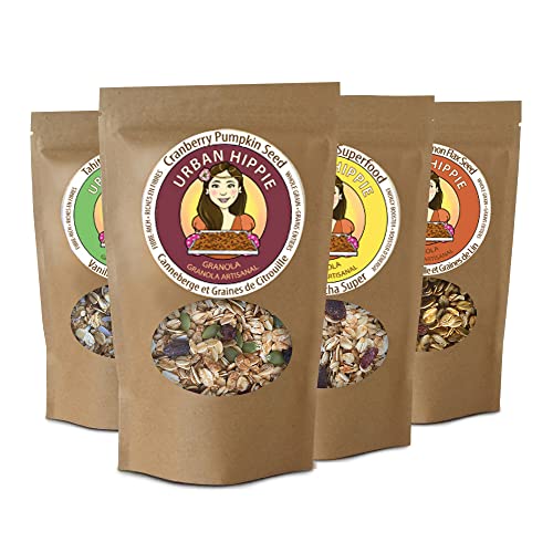 Urban Hippie Granola - Variety Pack of 1 Maca Matcha Superfood, 1 Tahitian Vanilla Coconut, 1 Vanilla and Cinnamon Flax Seed Granola, 1 Cranberry