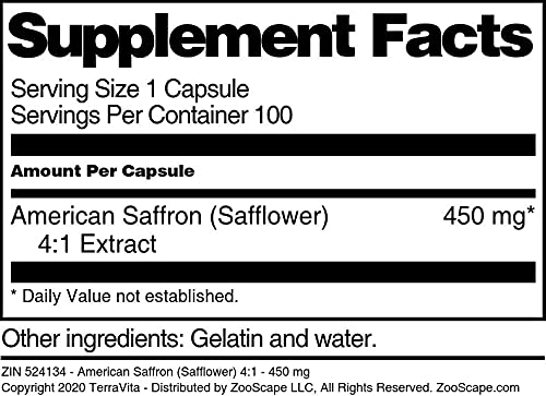 American Saffron (Safflower) 4:1-450 mg (100 Capsules, ZIN: 524134)