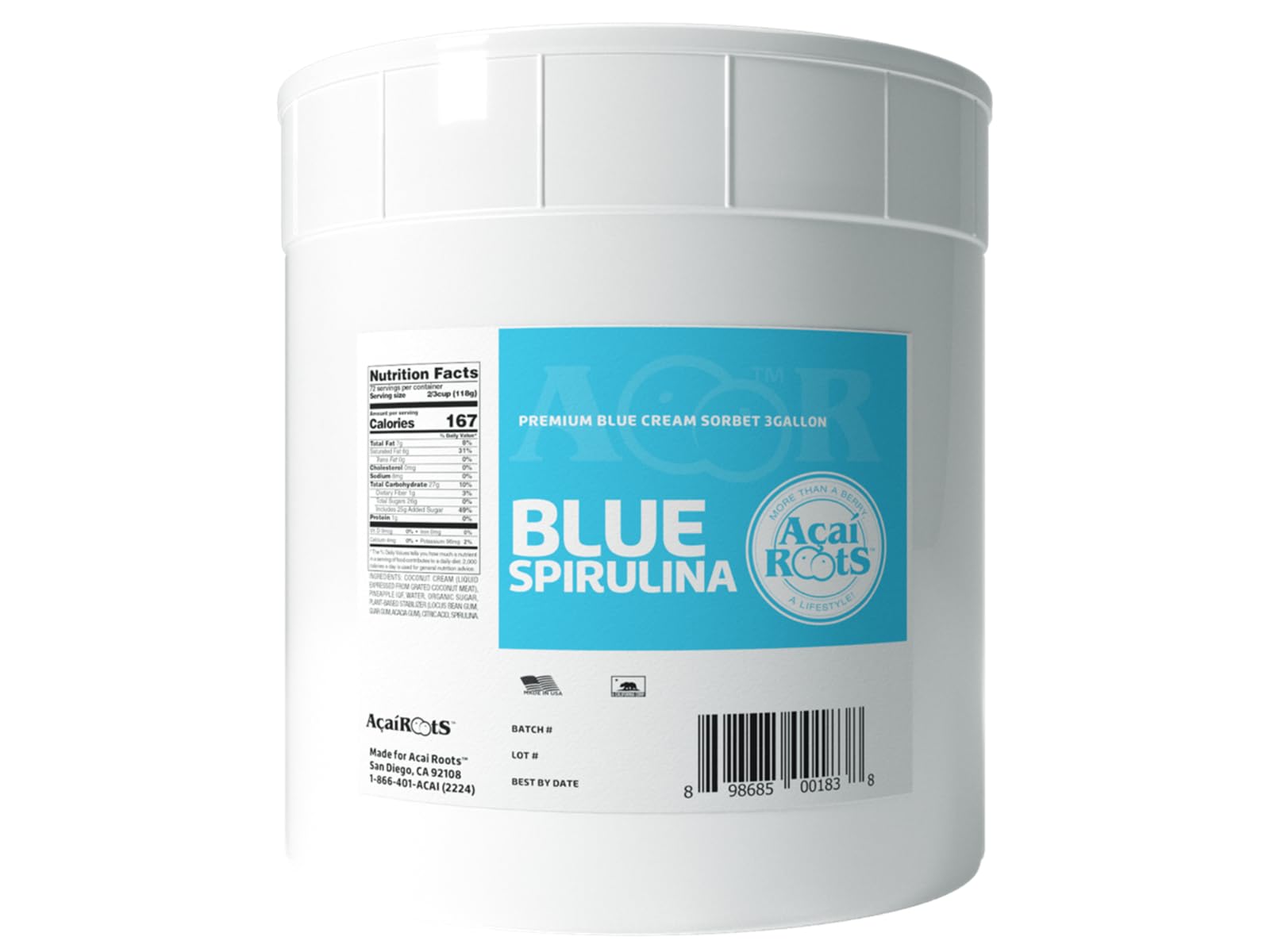 Acai Roots Premium Blue Spirulina Sorbet - Dairy-Free Vegan Frozen Dessert with Coconut & Pineapple - 3 Gallon Bulk (20 lbs) - Acai Bowl Base