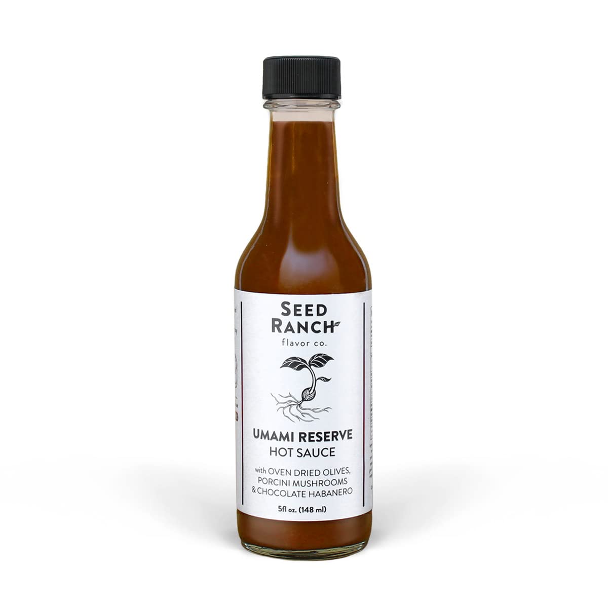 Seed Ranch Umami Reserve Hot Sauce, 5 Fl. oz. - Spicy Heat Flavor - Oven Dried Olives, Porcini Mushrooms & Chocolate Habanero - Vegan, Non-GMO