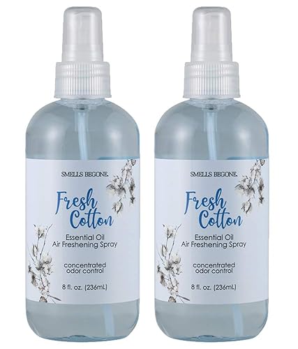 SMELLS BEGONE Essential Oil Air Freshener Spray - Odor Eliminator - 2 Pack - 8 Ounce (Fresh Cotton)
