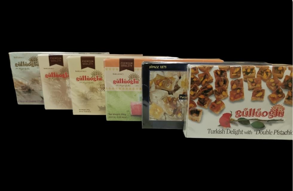 Gulluoglu Turkish Delight Assorted Flavors, 6 Pack (8.8 oz - 250 gr Each), daily fresh shipment from Istanbul/Turkey