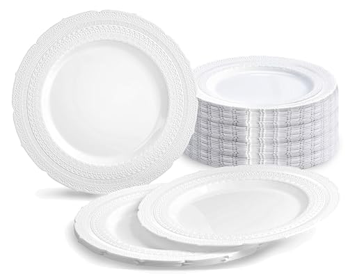 " OCCASIONS " 120 Plates Pack, Extra Heavyweight Vintage Wedding Party Disposable Plastic Plates (8.25'' Appetizer/dessert plate, Chateau in White)
