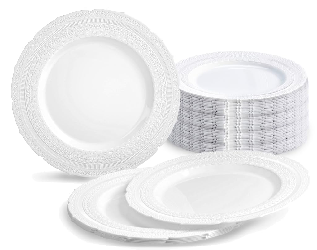 " OCCASIONS " 120 Plates Pack, Extra Heavyweight Vintage Wedding Party Disposable Plastic Plates (8.25'' Appetizer/dessert plate, Chateau in White)