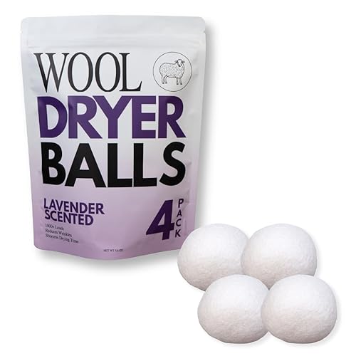 Ms Wool Lavender Scented Wool Dryer Balls - 4 XL Pack - Natural Fabric Softener, Reusable, Reduces Static, Reduces Wrinkles & Shortens Drying Time