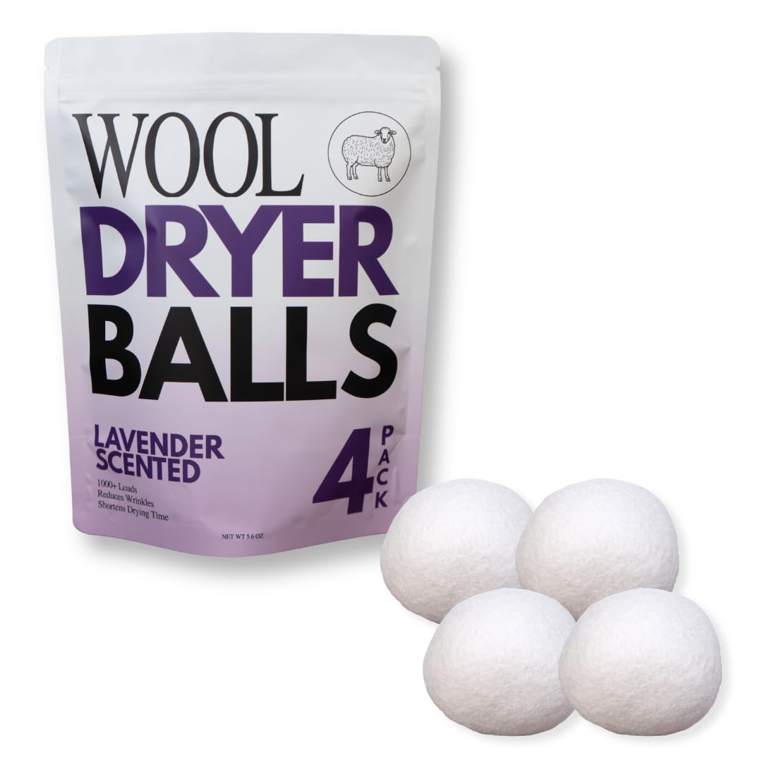 Ms Wool Lavender Scented Wool Dryer Balls - 4 XL Pack - Natural Fabric Softener, Reusable, Reduces Static, Reduces Wrinkles & Shortens Drying Time