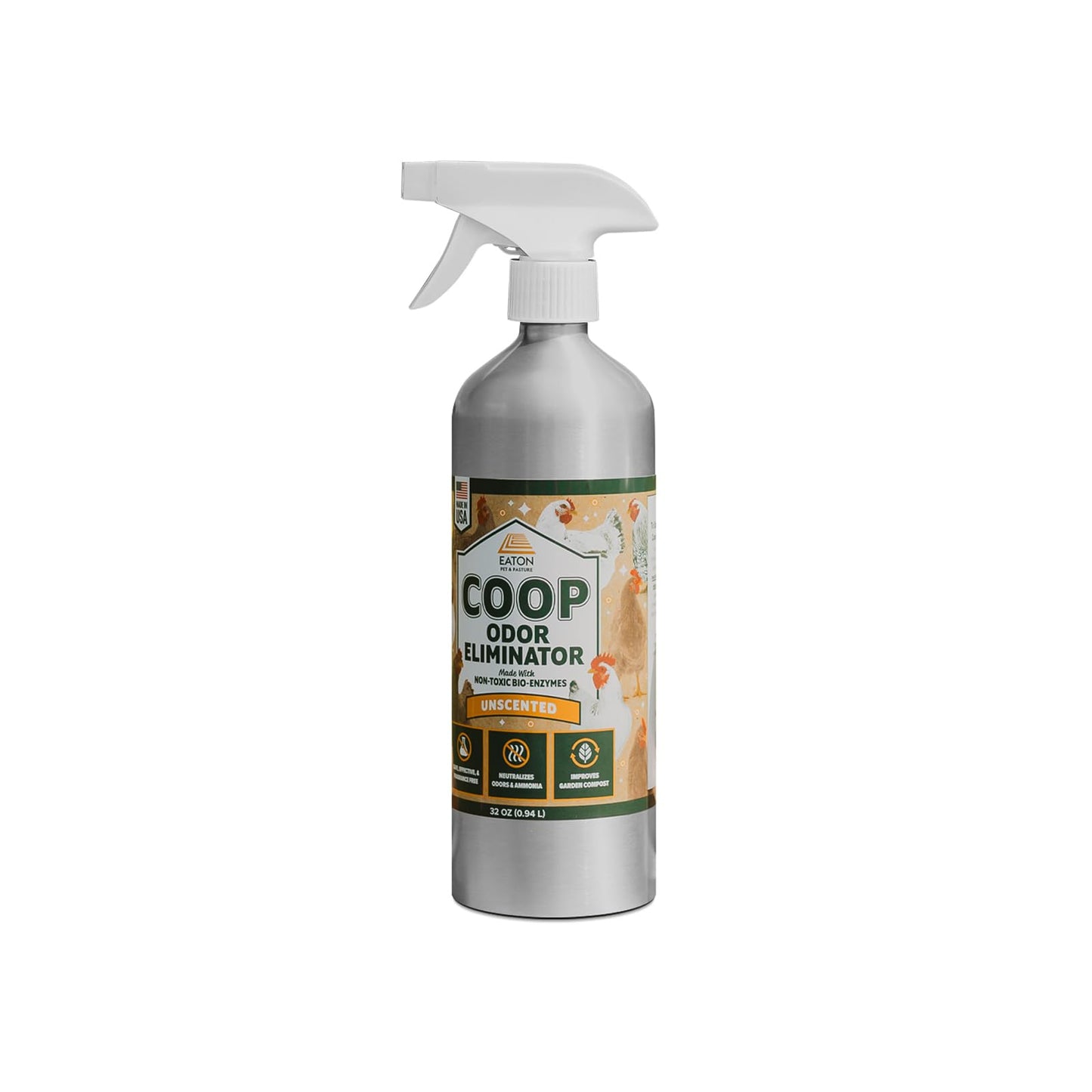 Eaton Pet and Pasture Coop Odor Eliminator Spray- All-Natural, Unscented Enzyme-Based Formula for Poultry | Neutralizes Ammonia, Supports Composting |