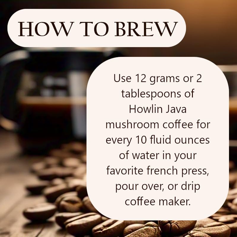 Howlin Java Mushroom Coffee, Premium Ground Coffee with 1 gram each of Lion's Mane, Chaga, and Cordyceps. Increase Energy, Focus, and Immunity