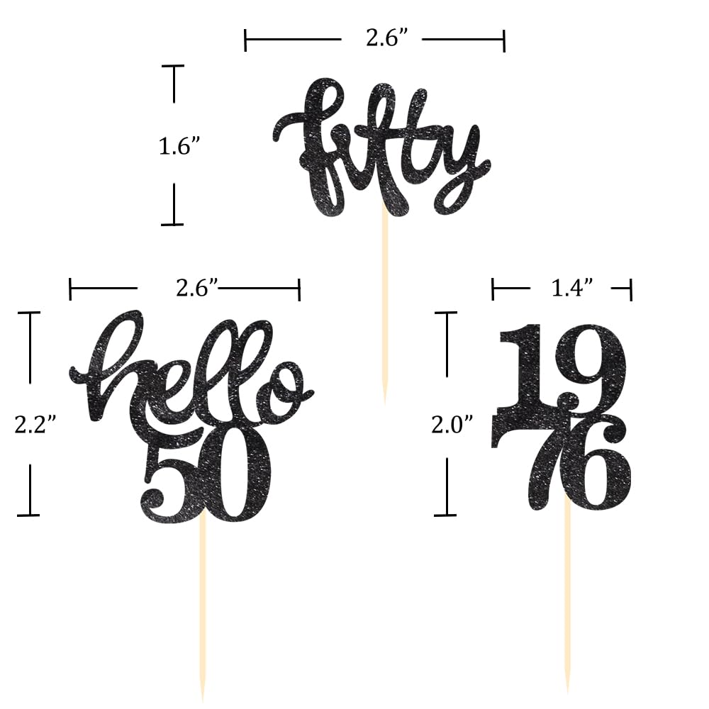 24 Pcs Black Glitter 50th Birthday Cupcake Toppers for 50th Birthday Celebrating Party Decorations