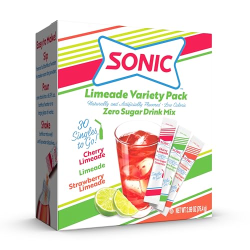 Sonic Singles To Go Limeade Variety Pack, Watertok Powdered Drink Mix, Includes 3 Flavors, Limeade, Cherry Limeade, Strawberry Limeade, 1 Box (30