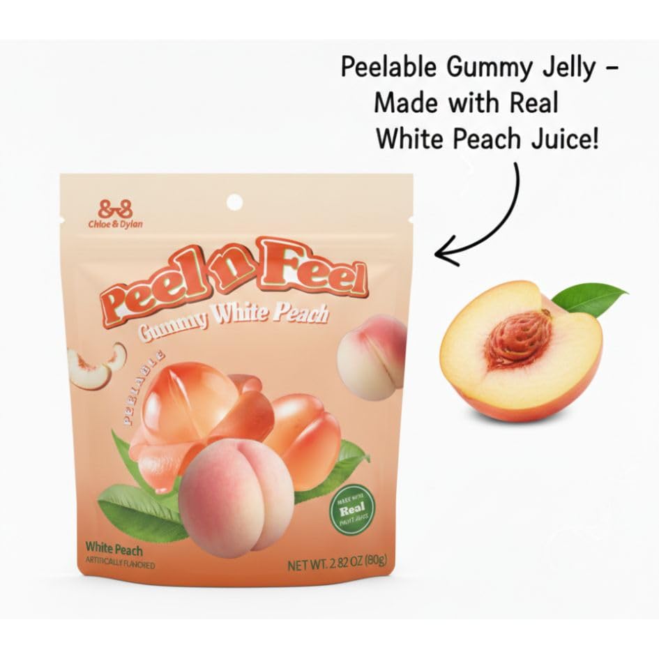 Peel n Feel Gummy White Peach Jelly, Peelable Gummies with Real White Peach Juice, 3 packs 8.47oz